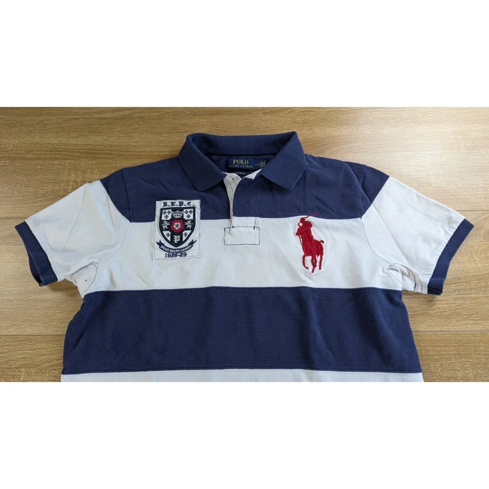 Polo Ralph Lauren Big Pony Mens L Custom Fit Rugby Stripe Crest Shirt Navy White